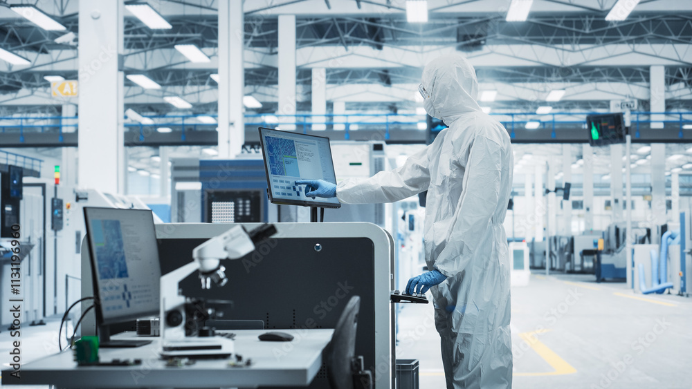 Aufkleber printed circuit board production at an electronics factory: scientist in sterile suit using solderin