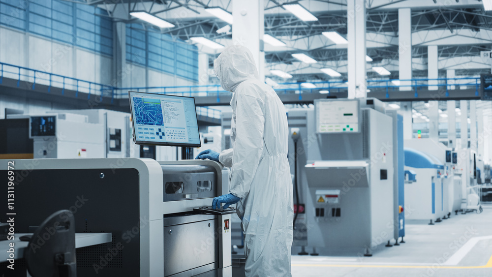 Poster Printed Circuit Board Production At Electronics Factory: Scientist In Sterile Suit Using Soldering Jet Printer To Make Motherboards For Powerful Processors. Computer Hardware Manufacturing.