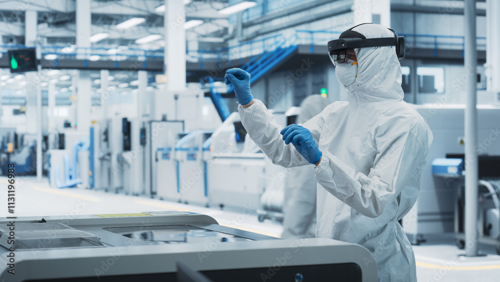 Poster Sterile Coverall Wearing Engineer Uses Augmented Reality Headset to Interact With Models of Silicon Microchip in Manufacturing Facility, Precision Engineering of Computer Hardware
