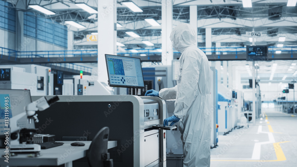 Poster Printed Circuit Board Production At Electronics Factory: Scientist In Sterile Suit Using Soldering Jet Printer To Make Motherboards For Powerful Processors. Computer Hardware Manufacturing Concept.