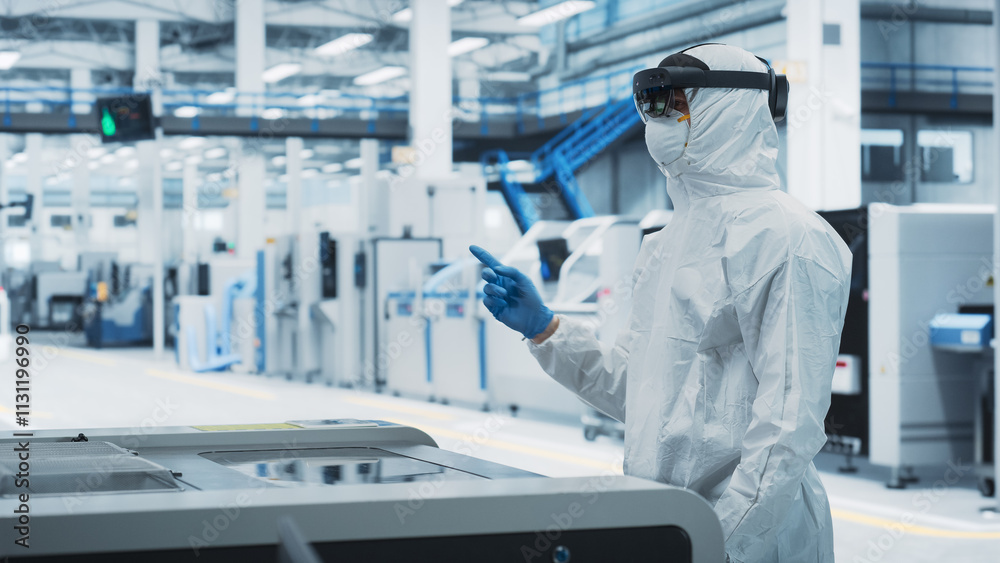 Poster Sterile Coverall Wearing Engineer Uses Augmented Reality Headset to Interact With Models of Silicon Microchip in Manufacturing Facility, Precision Engineering of Advanced Computer Hardware
