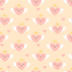 Cute hearts with wings and a crown in kawaii style on a beige background. Seamless pattern, print, vector illustration