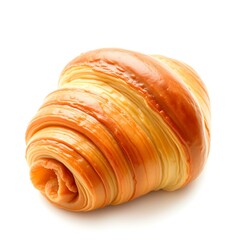 A perfectly baked croissant isolated on a white background, showcasing its flaky golden layers and buttery texture, full depth of field