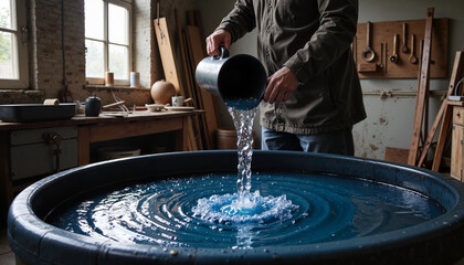 Pouring water into a blue dye vat in a textile workshop