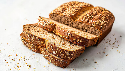Close up of a loaf of bread with sesame seeds sprinkled on top. The bread is cut into four slices and arranged on a white plate. Concept of warmth and comfort