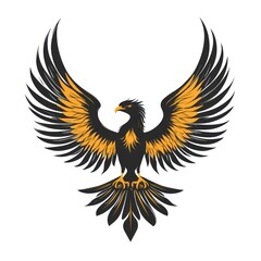 Obraz premium Majestic black eagle with golden wings spread wide, isolated on white background.