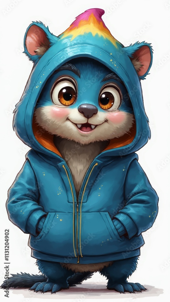 Canvas Prints A cartoon raccoon wearing a blue hoodie with a rainbow on it