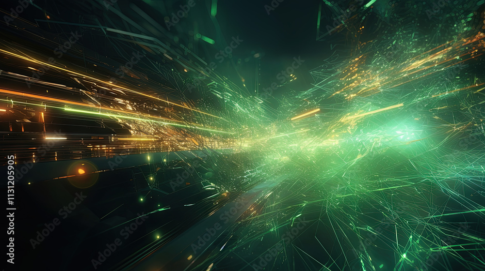 Poster abstract light streaks in a dynamic digital space with glowing green elements