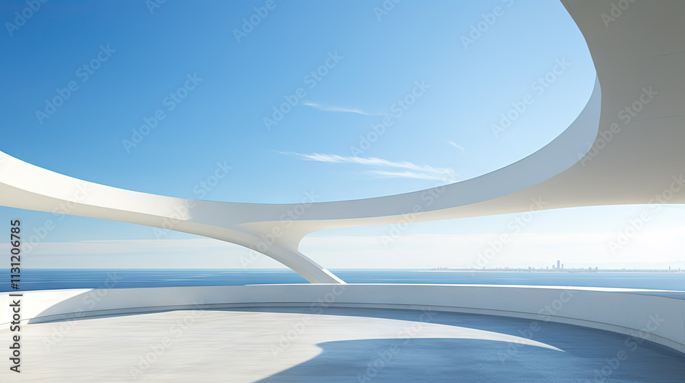 Poster Abstract architecture scene with smooth curves. Abstract background with futuristic building in white and blue colors.