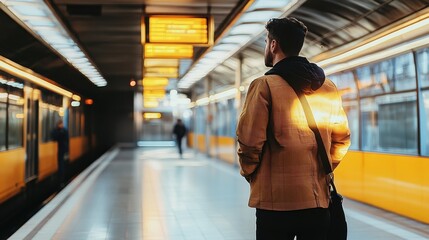 Obraz premium A young man in a brown jacket faces the edge of a busy train platform, representing a scene of anticipation and modern urban commuting life.