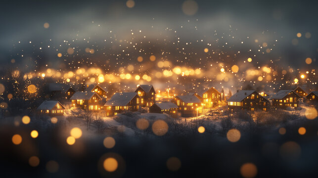 Abstract Christmas Winter Panorama with Wooden Houses Christmas String Lights in Cold Snow Landscape and Glowing Golden Lights in Background.