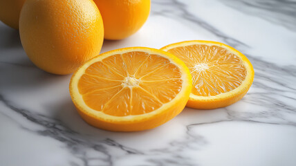 Fototapeta premium Orange fruit slices on marble background. Citrus, juicy, vitamin C concept.