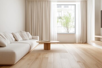Fototapeta premium Bright, minimalist living room featuring a white sofa, circular wooden coffee table, and light wooden floors, infused with abundant natural light from large windows.