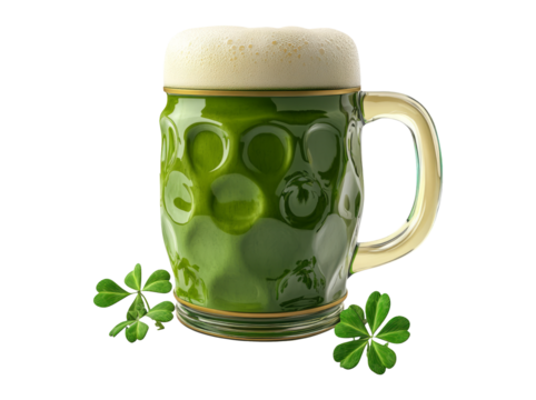 Green Beer Mug with Foam and Shamrocks on Transparent Background - Powered by Adobe