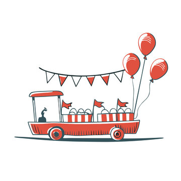 Red parade float with balloons and flags