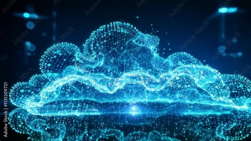 Poster digital cloud of glowing binary particles in fluid motion futuristic visual effect merging solid sha