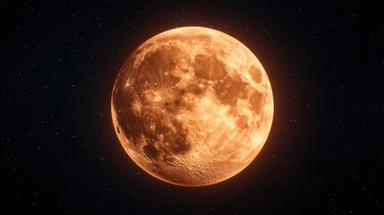 Obraz premium A bright, orange-hued moon shines against a dark starry sky, showcasing its detailed craters and surface textures.