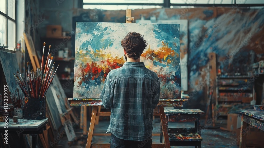 Poster A passionate artist stands before a large canvas in a dynamic workshop, creating vibrant abstract art. The space is alive with colorful brushes and splashes of paint everywhere