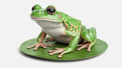 Fototapeta premium A vibrant green frog rests on a lily pad, showcasing its glossy skin and large eyes, blending beautifully with its natural environment.