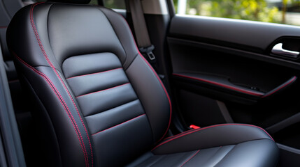 Black leather car seat with elegant red stitching, showcasing luxury and sporty design in modern vehicle interior