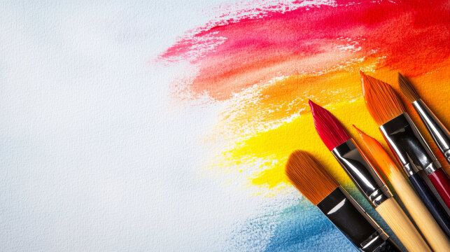 Vivid watercolor strokes in red, orange, yellow, and blue hues are showcased on a textured canvas, with colorful paintbrushes at rest