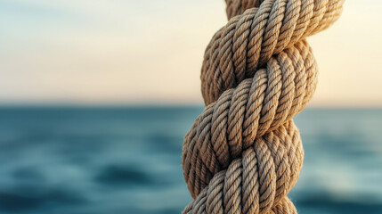 Fototapeta premium tightly wound marine rope with intricate texture against blurred ocean background