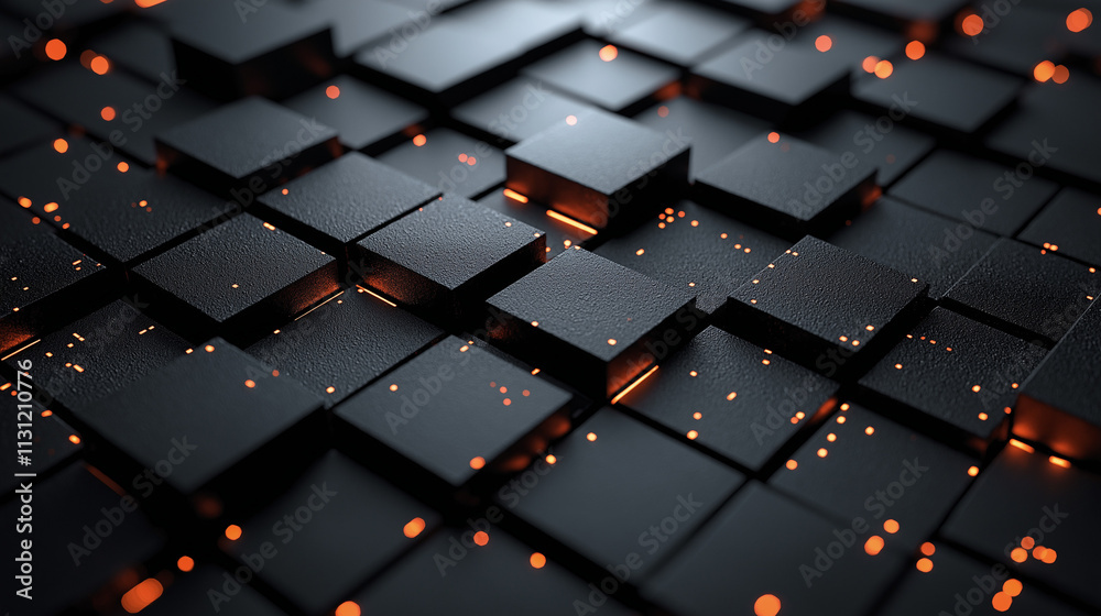 Wall mural black background with geometric squares and rectangular blocks, forming an abstract pattern, represe
