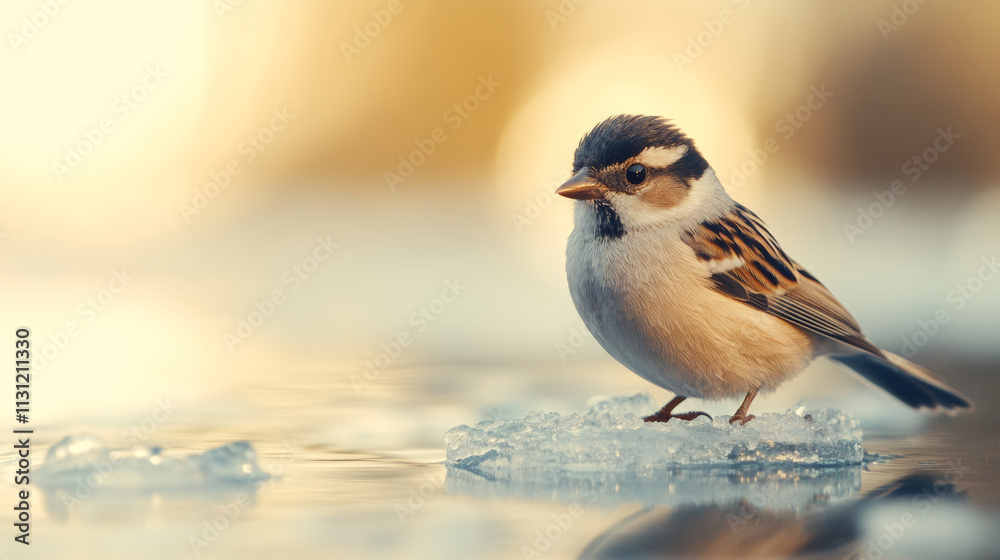 Wall mural small bird perched on a tiny ice floe surrounded by rippling water with a plain light gray-blue back
