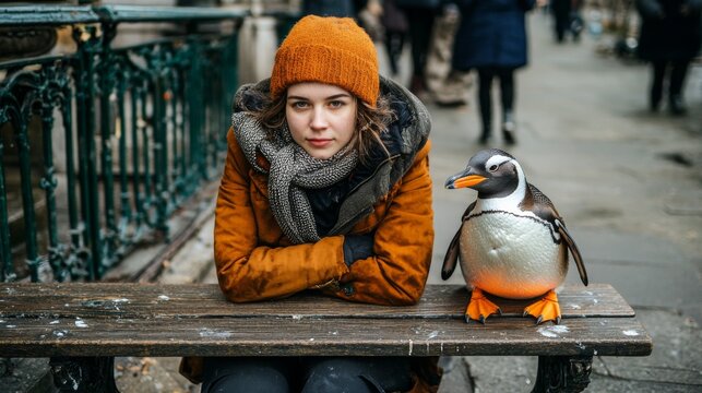 Young woman sits on a bench with a penguin in a busy urban setting during a chilly day - Powered by Adobe