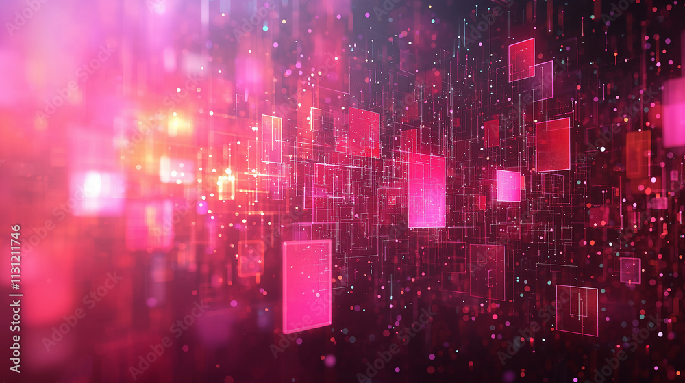 Wall mural pink background with geometric squares and rectangular blocks, forming an abstract pattern, represen