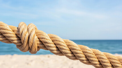 Fototapeta premium weathered rope tied in knot with coastal background and blue sky