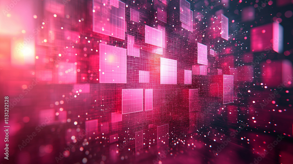 Wall mural pink background with geometric squares and rectangular blocks, forming an abstract pattern, represen
