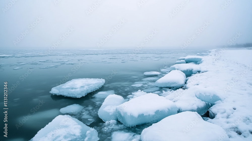 Wall mural ice floes covered with snow create a beautiful winter scene on a foggy day, ideal for projects relat