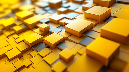 Yellow background with geometric squares and rectangular blocks, forming an abstract pattern, representing digital technology or marketing concepts.
