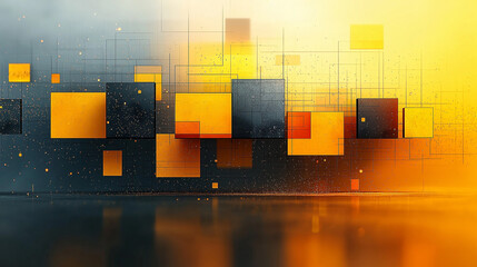 Yellow background with geometric squares and rectangular blocks, forming an abstract pattern, representing digital technology or marketing concepts.
