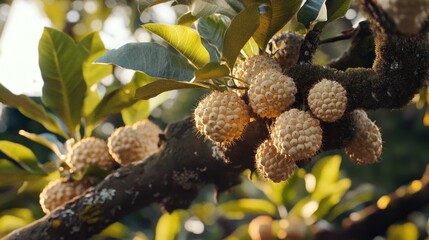 Magnificent Cluster of Cream-Colored Fruits on a Lush Green Tree Branch Bathed in Warm Sunlight