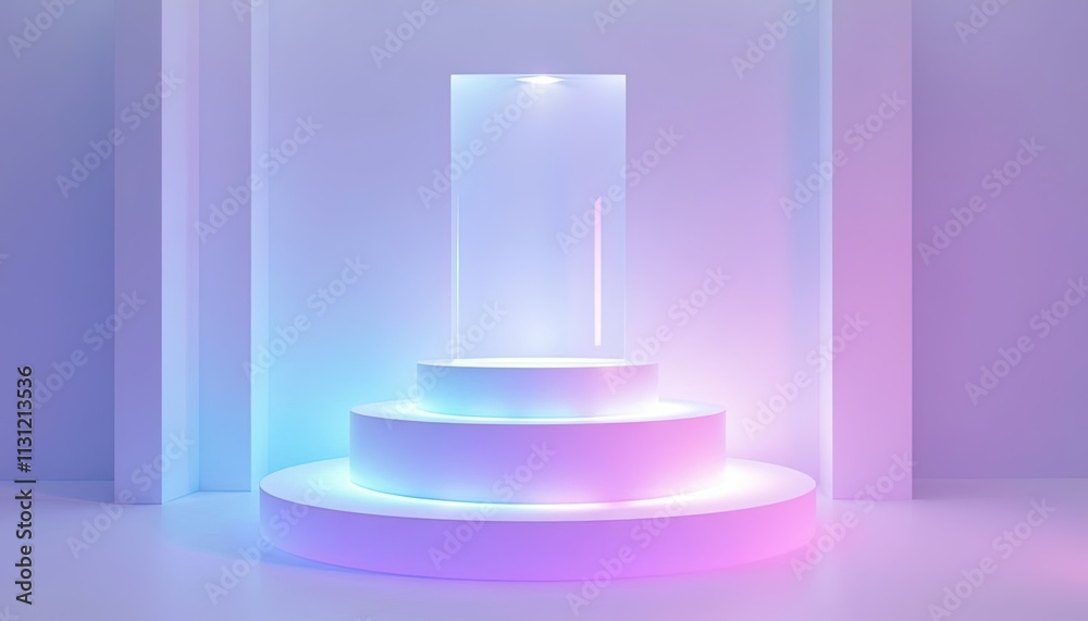 Poster minimalist pastel podium with soft pink and blue lighting, holographic empty showcase platform for p