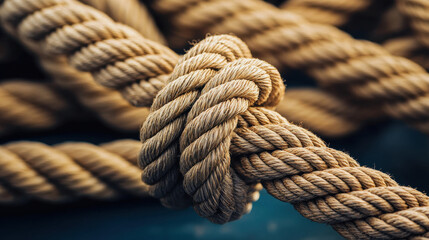 Fototapeta premium Thick coarse ropes tied in knot, showcasing texture and strength