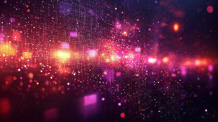 Purple background with geometric squares and rectangular blocks, forming an abstract pattern, representing digital technology or marketing concepts.