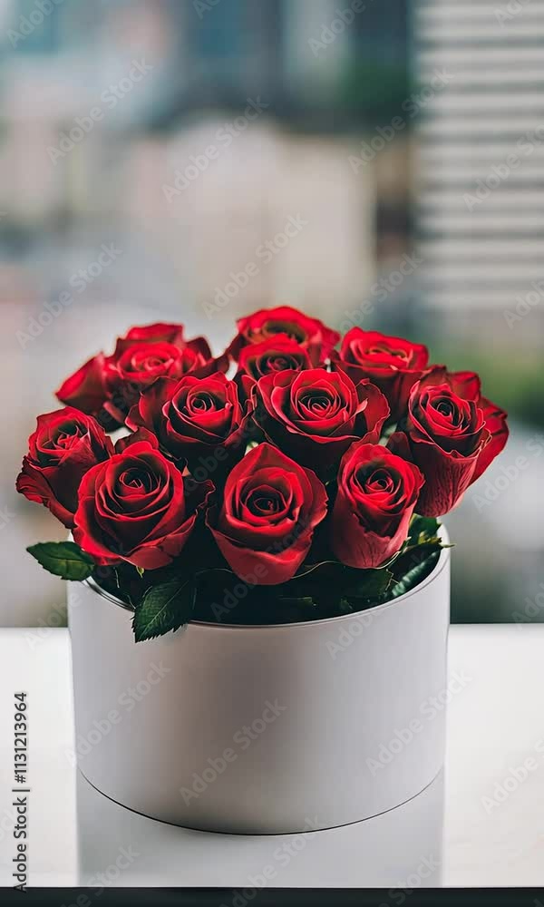 Wall mural Bright red roses in a white vase bring elegance to a modern cityscape background