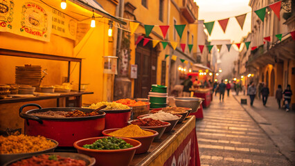 Vibrant street market with colorful spices and festive decorations at sunset.