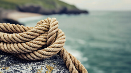 Fototapeta premium thick rope draped over coastal rock with blurred ocean background