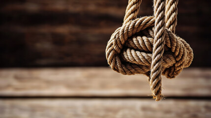 Fototapeta premium Close up of old fashioned rope knot against antique wooden background