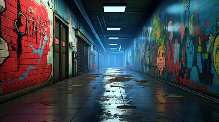 Fototapeta premium Cyberpunk street with glowing neon ads in sci-fi city. Futuristic cyberpunk street in the neighborhood