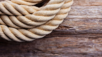 Thick rope with coastal essence laid on driftwood textured background