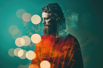 A pensive man, deep in thought, is surrounded by surreal artistic lighting and bokeh effects, evoking a sense of introspection, mystery, and creative contemplation.