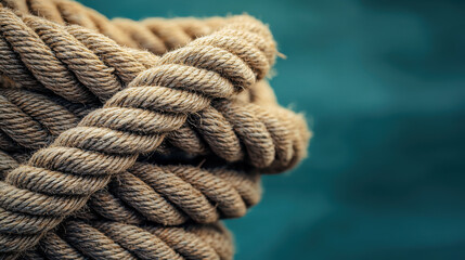 Fototapeta premium Close up of coiled weathered rope with detailed texture against teal background