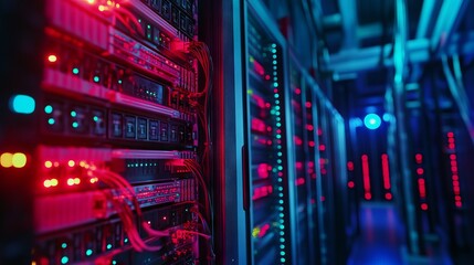 Fototapeta premium LED-Lit Network Servers Arranged in a Data Center