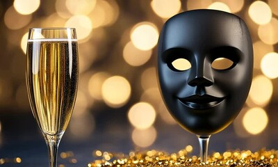 Sparkling celebration with a mysterious mask and champagne toast during a festive evening