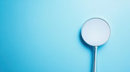 A dental mirror against a clean blue background with copy space.